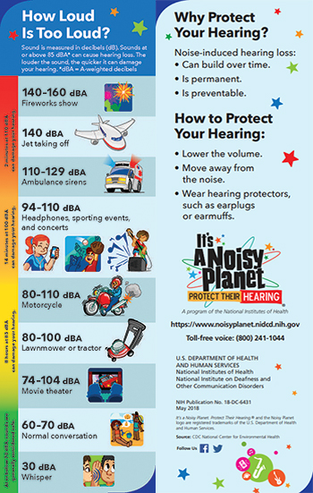 A bookmark with cartoon pictures of a fireworks show, jet taking off, ambulance with the siren on, girl listening to music on a device with headphones, boy catching a baseball with a baseball glove, musician playing loud music, man riding a motorcycle, lawnmower, boy and girl watching a movie in a movie theater, woman and child on the beach speaking to each other, and boy whispering in another boy’s ear.