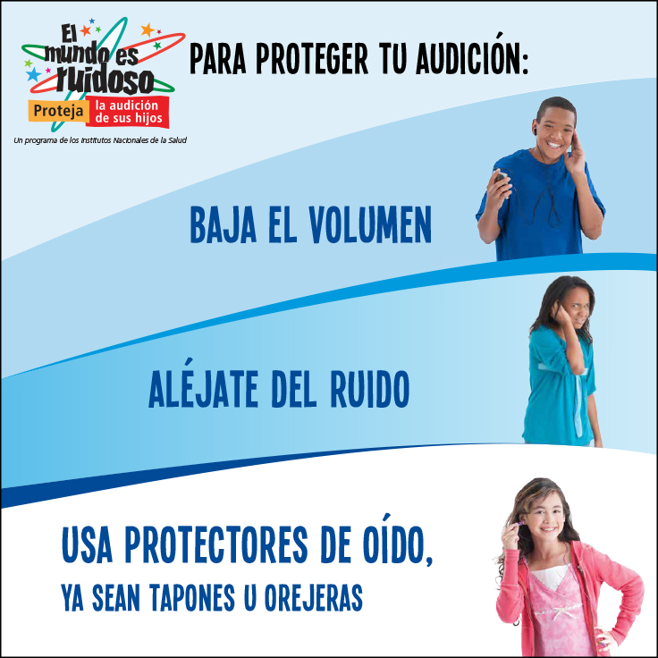 Niños protegiendo su audición al bajar el volumen, alejarse del ruido y usar protectores de oído.