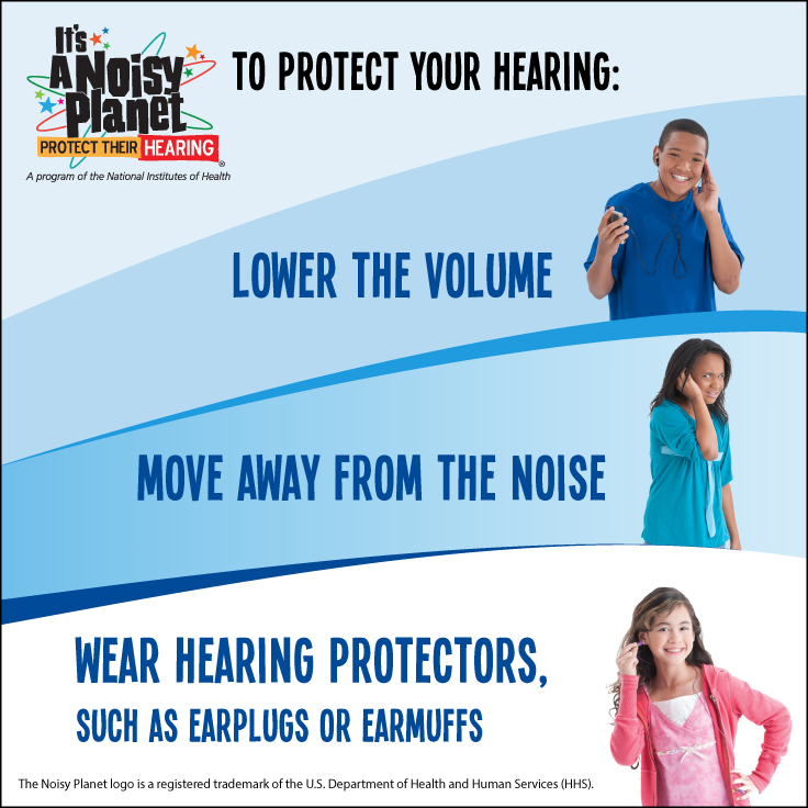 Kids demonstrating how to protect their hearing by lowering the volume, moving away from the noise, and using hearing protection.