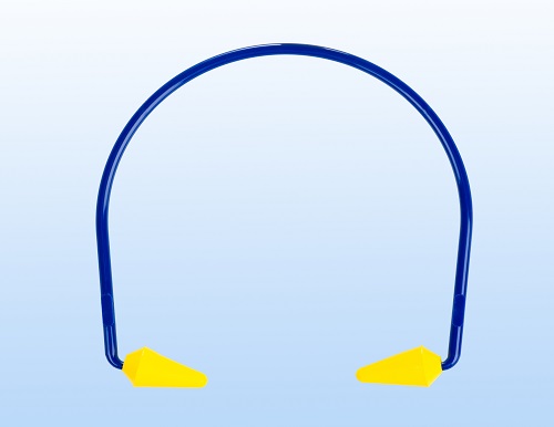 One set of blue and yellow canal caps used to protect hearing.