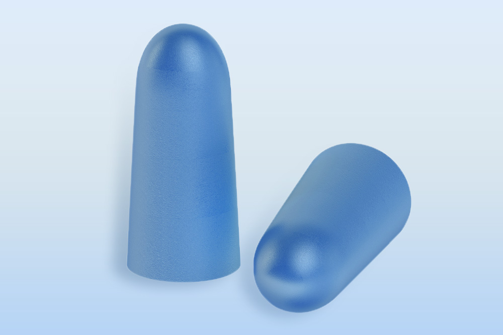A pair of blue foam earplugs.