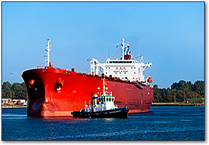 Red oil tanker in sea