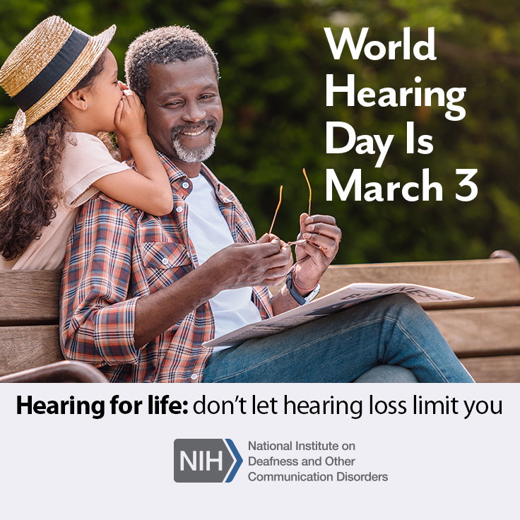 Young girl whispering to her grandfather who is sitting on a park bench. Text: World Hearing Day Is March 3