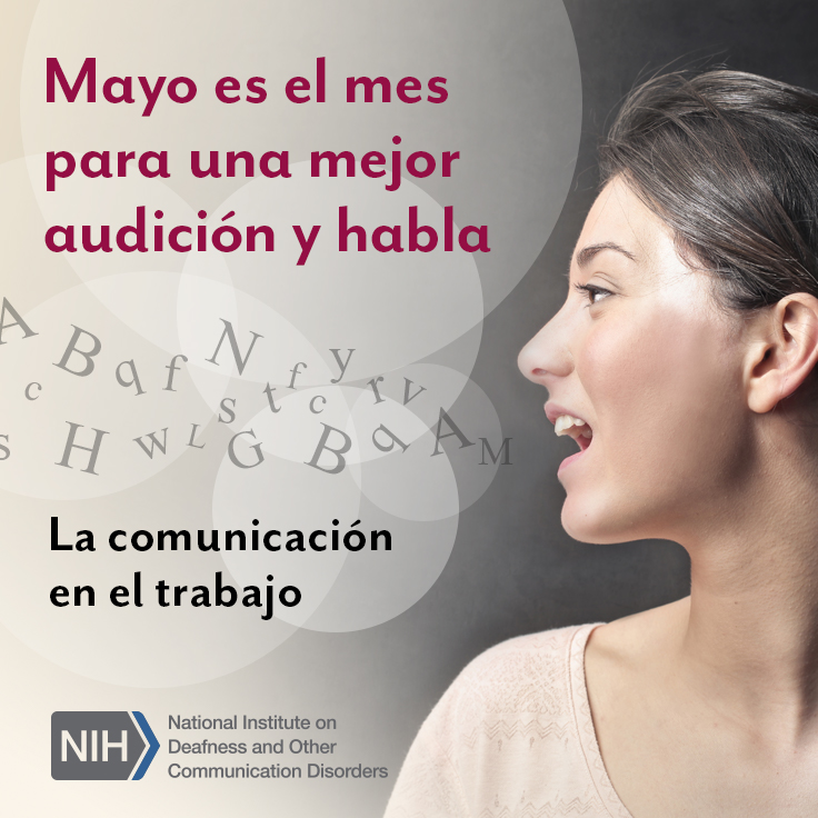 Foto de la cara de una mujer mientras habla, con letras que flotan de su boca hacia el aire. El texto dice: 'La comunicación en el trabajo'.