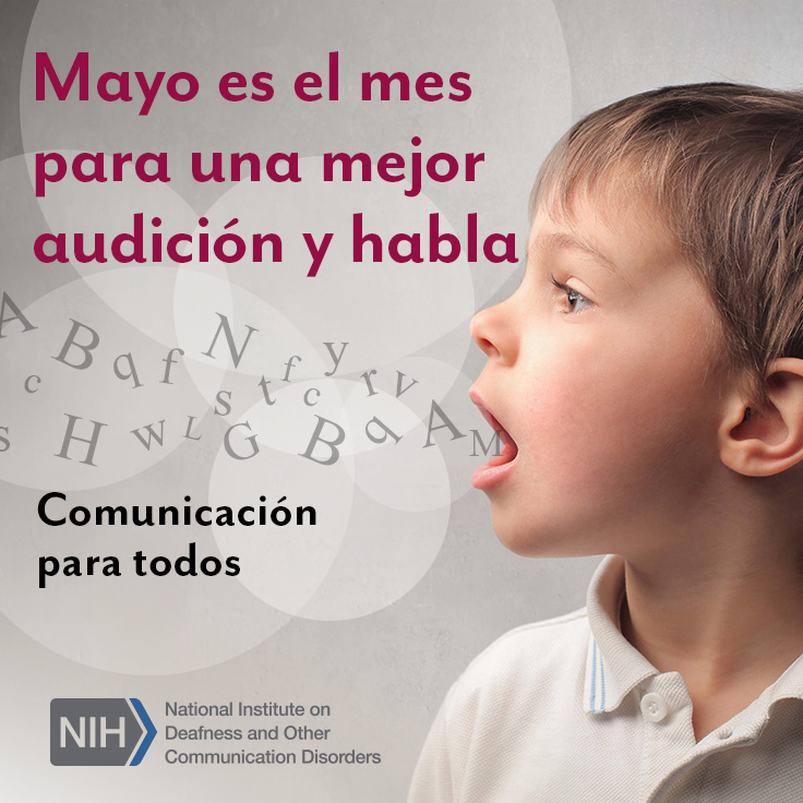 Mayo es el mes para una mejor audiciÃ³n y habla. Comunicacion para todos. Un niÃ±o tiene la boca abierta y le salen letras por la boca.