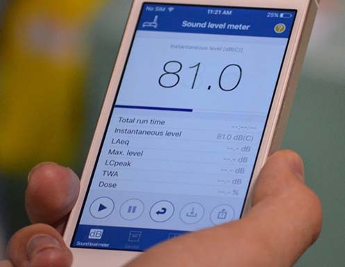 iPhone displaying the NIOSH Sound Level Meter app. 