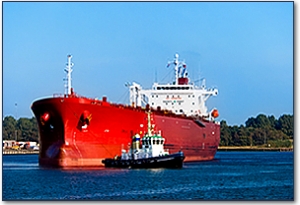 Red oil tanker in sea