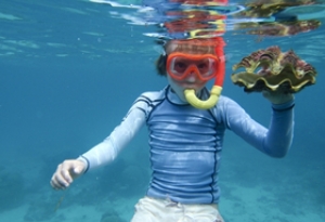 Person snorkeling in the ocean holding a shell