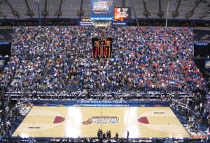 Fans in the stands at a March Madness basketball game