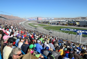 Fans sitting in the stands at a racecar event.