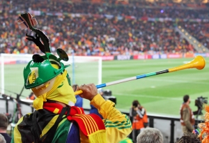 soccer fan holding a vuvuzela at a game