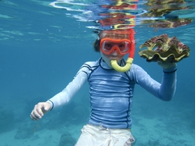 Person snorkeling in the ocean holding a shell