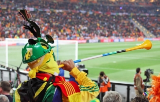 Soccer fan holding a vuvuzela at a game