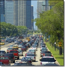 Cars in traffic in a city