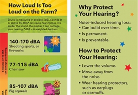 Bookmark depicting common farm sounds and their associated decibel levels.