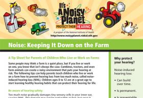 The first page of a fact sheet on keeping noise down on the farm. Cartoon images of a silo, a chainsaw, a combine, a tractor, and a rooster are at the top of the fact sheet.