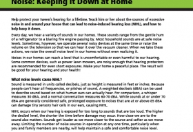 The first page of a fact sheet about keeping down the noise at home. Cartoon images of race car, a motorcycle, a lawn mower, a rock star singing into a microphone and holding a guitar, and a portable music device with earbuds are at the top of the fact sheet.
