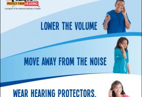 Niños protegiendo su audición al bajar el volumen, alejarse del ruido y usar protectores de oído.